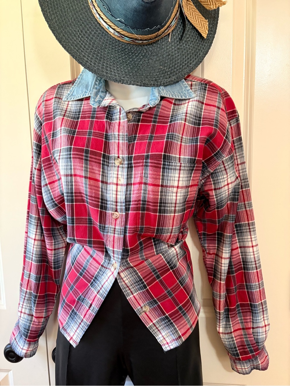 Ladies Red Plaid Button-Up Shirt with Denim Collar, size M
